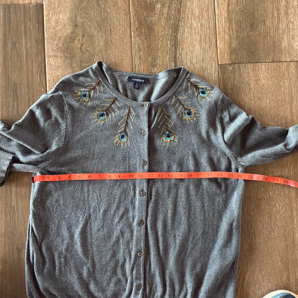 Lands End women's embroidered beaded gray cardigan cotton/cashmere size Large - Picture 7 of 12